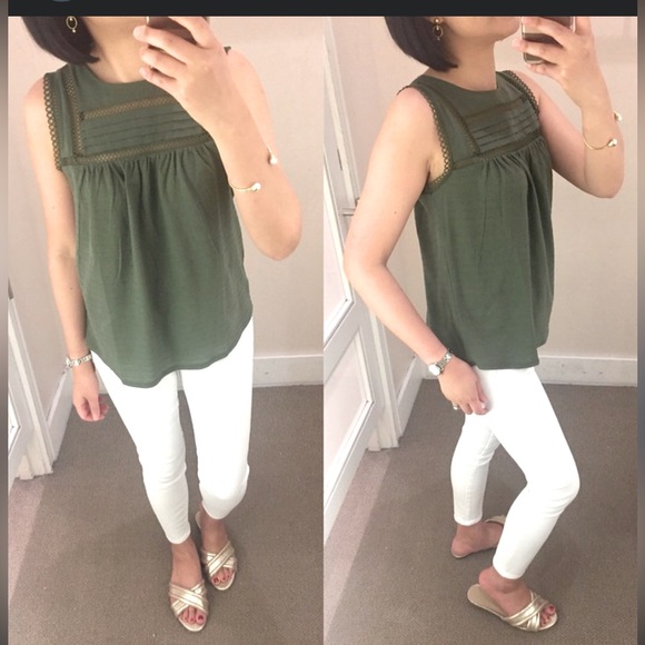 LOFT Tops - Loft Olive Green Sleeveless Top - embroidered lace trim, babydoll cut